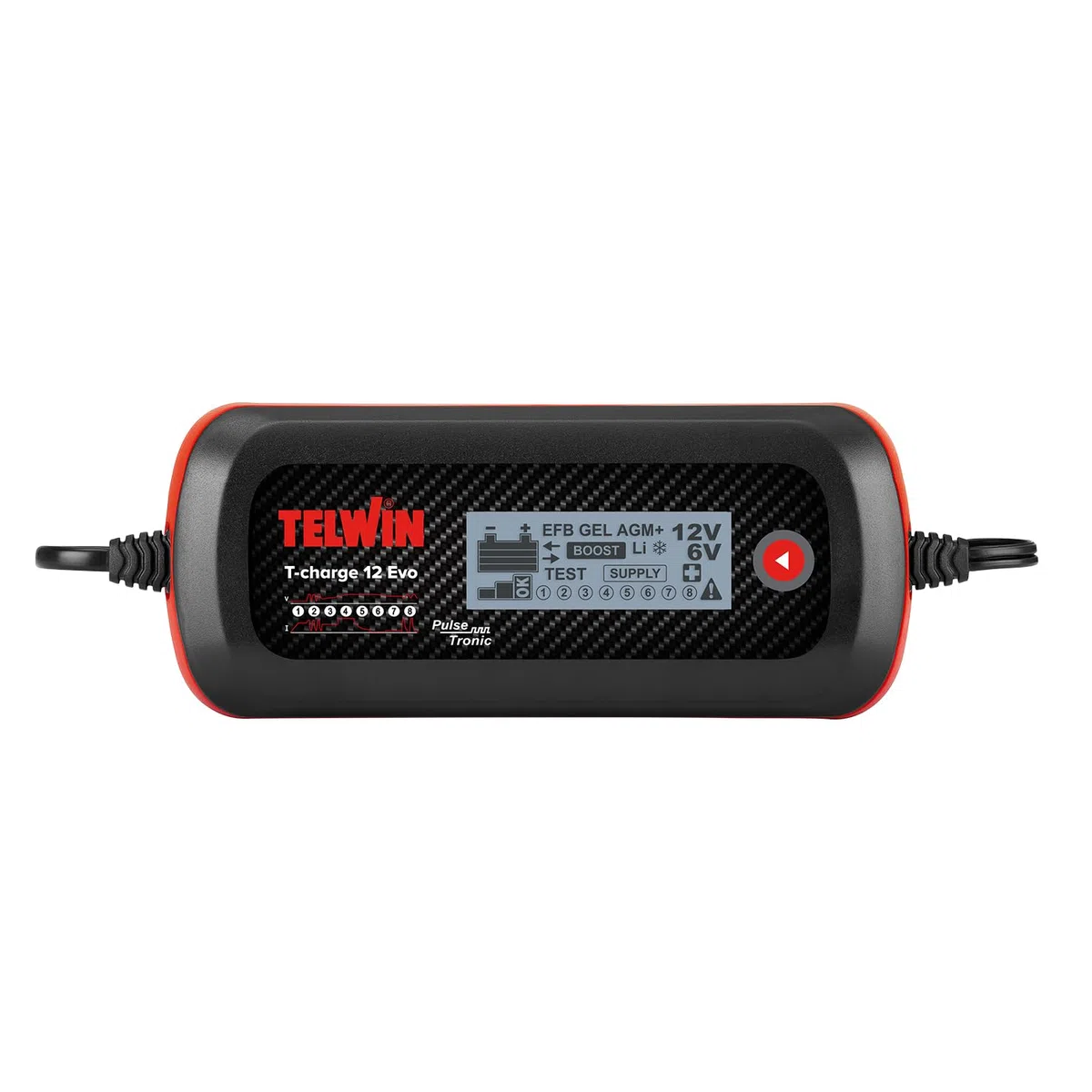 Telwin T-Charge 12 EVO: Ladegerät, elektronischer Ladungserhalter und Multifunktionstester 6/12 V mit LCD-Display, für Fahrzeug-, Auto- und Motorradbatterien. IP65. Kabel enthalten.