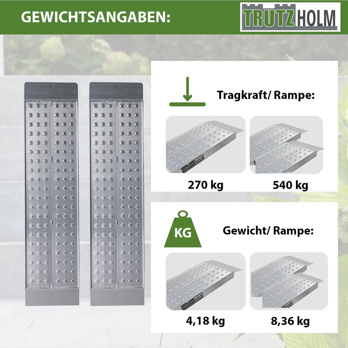 TRUTZHOLM 2X Auffahrrampe Aluminium Gesamtlänge 150 cm Breite 28 cm Traglast 540 kg gelochte rutschfeste Lauffläche Verladerampe Motorradrampe Verladehilfe Rampe für Motorrad Mofa E-Bike Fahrrad