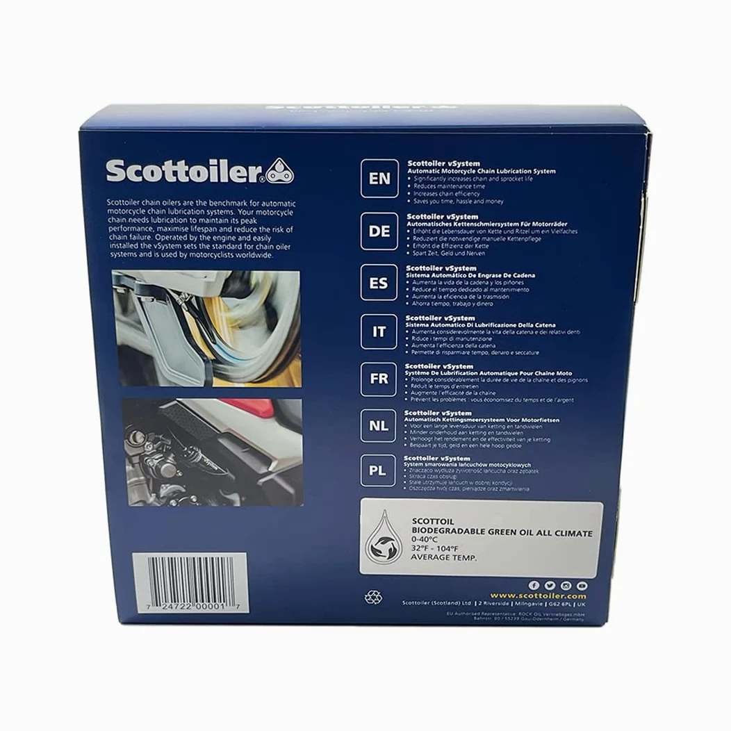 Scottoiler vSystem Automatisches Motorrad-Kettenschmiersystem mit biologisch abbaubarem grünem Scottoil & Traveller Erweiterungstasche Reichweiten-Verlängerungs-Touring-Bundle…