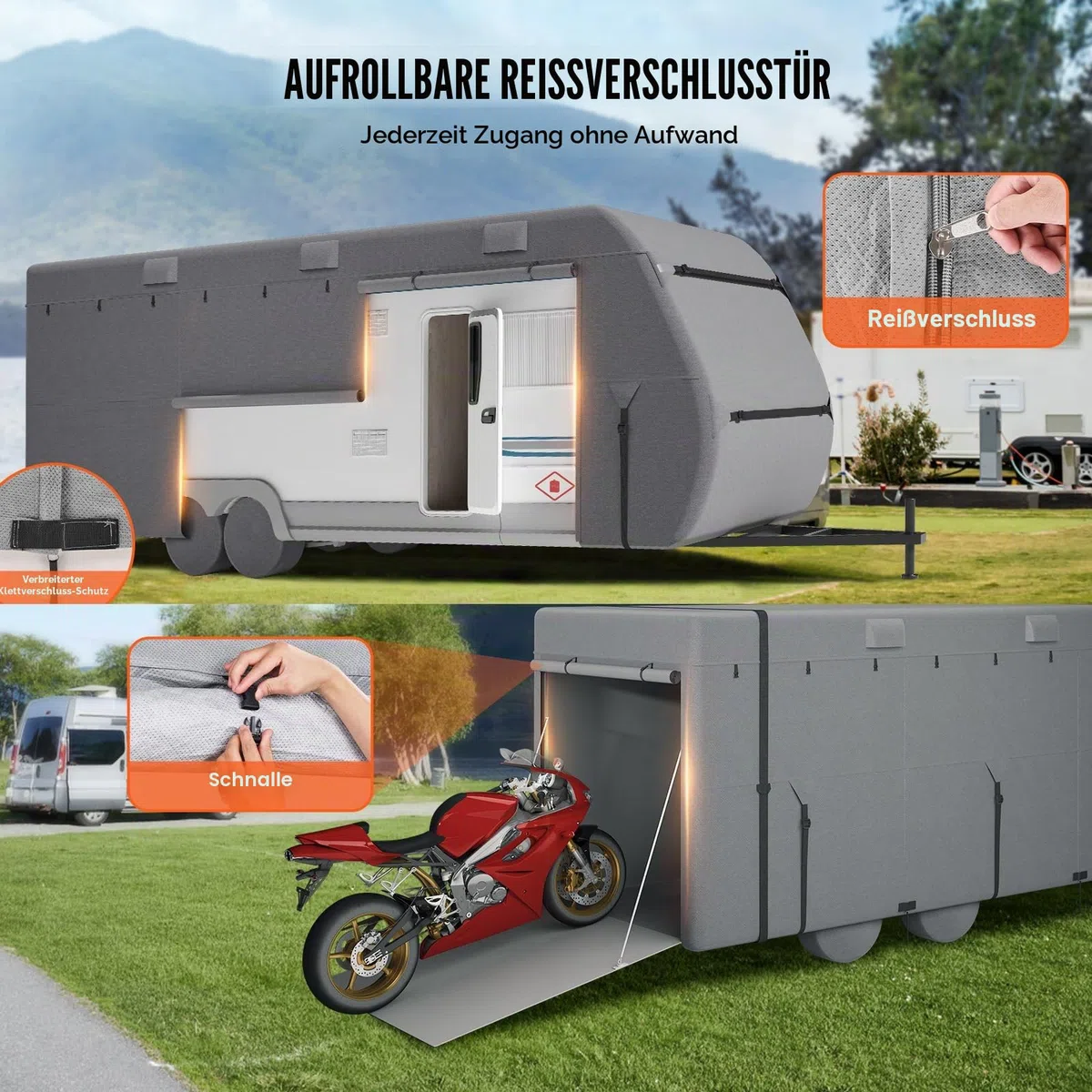 VEVOR Wohnwagen-Schutzhülle für 7,3-8,2 m Wohnwagen, Wohnwagenabdeckung aus Vliesstoff wasserdicht Winddicht, Universal-Wohnwagenhülle mit Aufbewahrungstasche, Reparaturflicken, Gurten, Klebeband