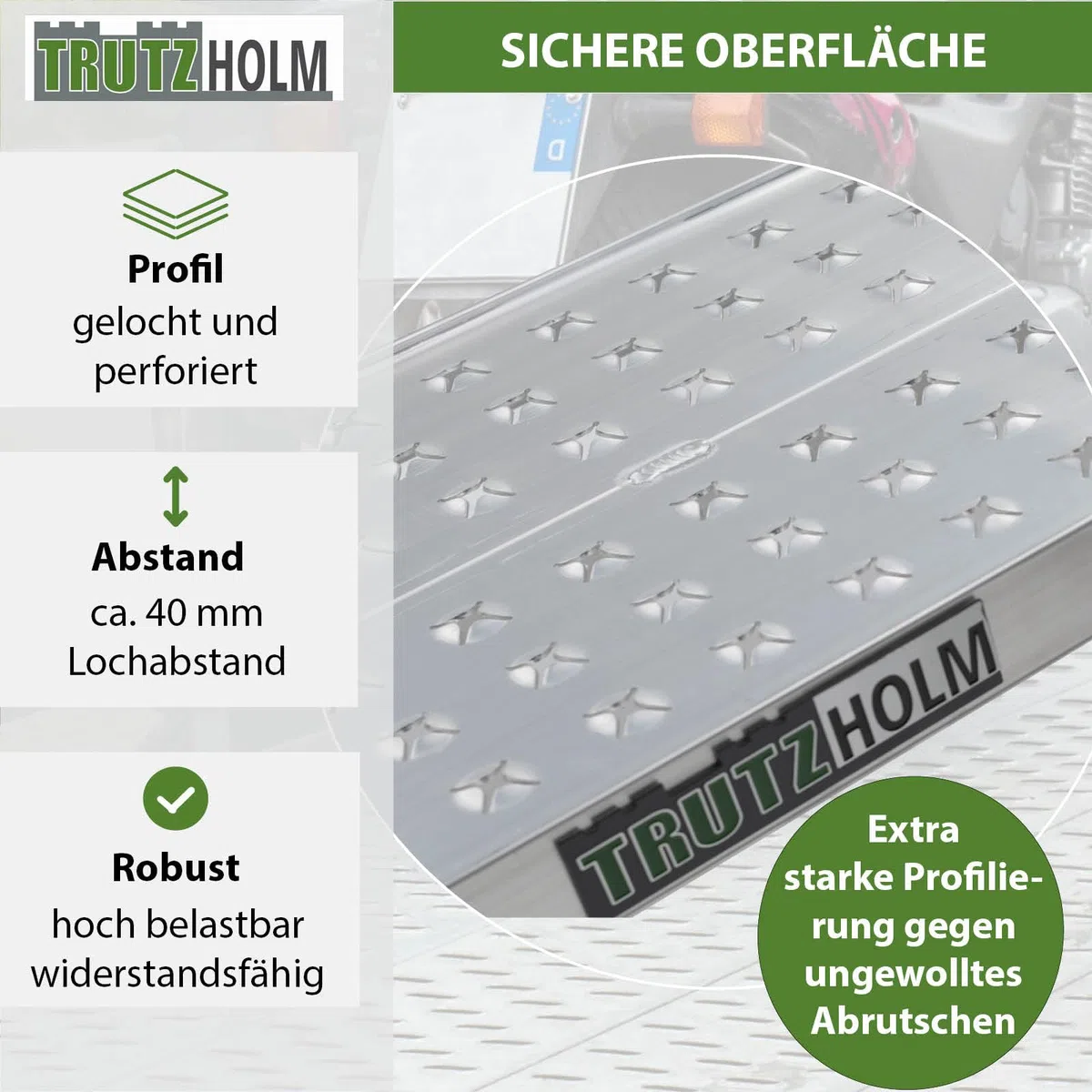 TRUTZHOLM 2X Auffahrrampe Aluminium Gesamtlänge 150 cm Breite 28 cm Traglast 540 kg gelochte rutschfeste Lauffläche Verladerampe Motorradrampe Verladehilfe Rampe für Motorrad Mofa E-Bike Fahrrad