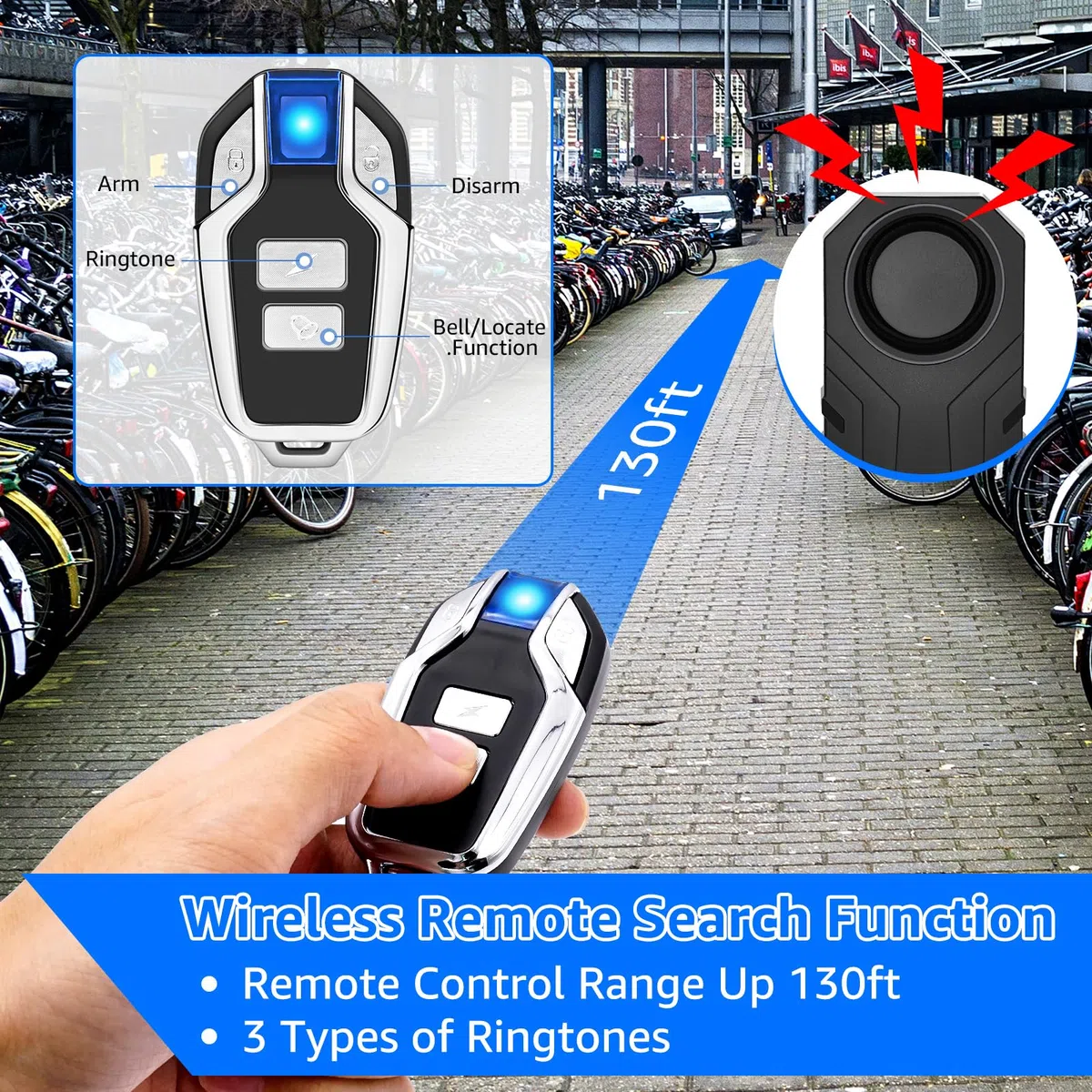 NineLeaf Alarmanlage Fahrrad, Drahtlose Motorrad Fahrrad Alarm, Diebstahlsicherung Alarm Mit Fernbedienung, IP65 Wasserdicht, 113 dB Super Laut, SOS-Funktion, Lautstärkeregelung einstellbar,8PK