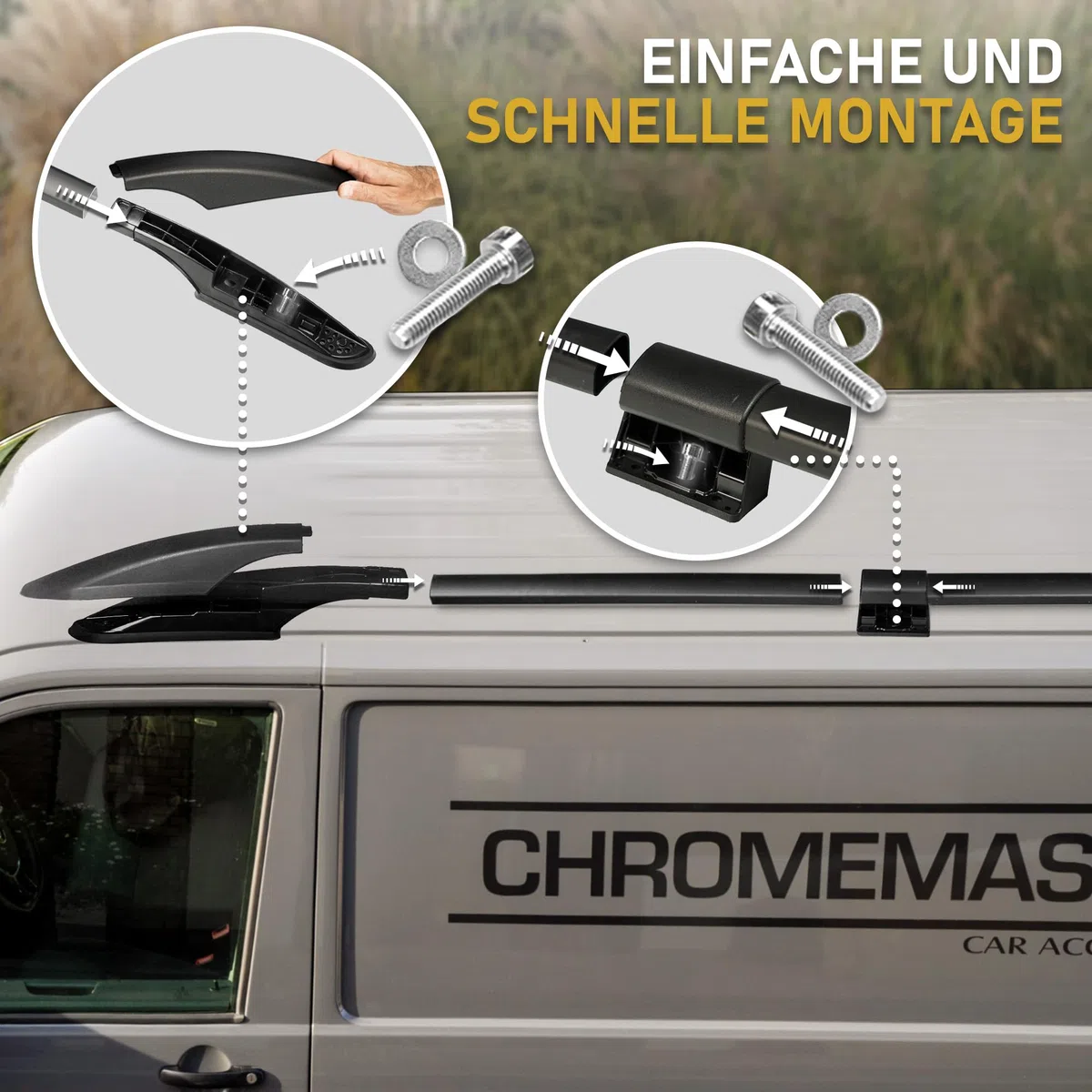CHROMEMASTER Dachreling Dachträger Kompatibel mit Opel Vivaro 3 Long L2 2014-2019 | Zur Befestigung der Dachgepäckträger, Dachboxen oder Dachfahrradträger | Robuste Konstruktion aus Alu