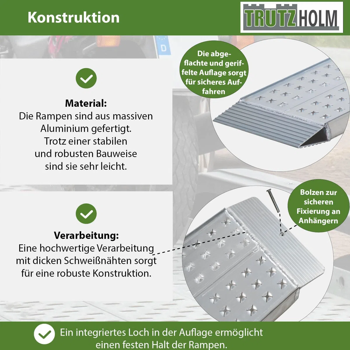 TRUTZHOLM 2X Auffahrrampe Aluminium Gesamtlänge 150 cm Breite 28 cm Traglast 540 kg gelochte rutschfeste Lauffläche Verladerampe Motorradrampe Verladehilfe Rampe für Motorrad Mofa E-Bike Fahrrad