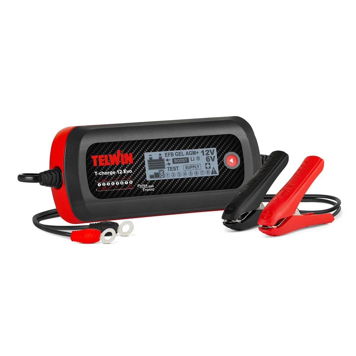 Telwin T-Charge 12 EVO: Ladegerät, elektronischer Ladungserhalter und Multifunktionstester 6/12 V mit LCD-Display, für Fahrzeug-, Auto- und Motorradbatterien. IP65. Kabel enthalten.