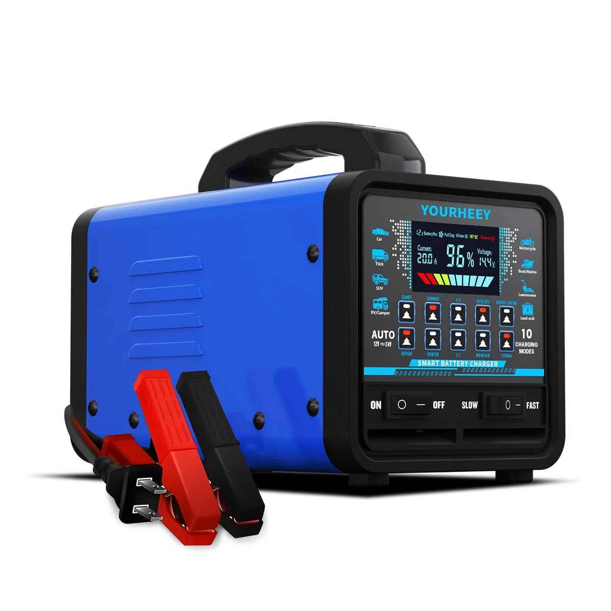 12V/24V 0-20A 2026 aktualisiertes Batterieladegerät und -wartung mit automatischer Abschaltung, Reparatur- und Wintermodus, 10 Modi und Farbanzeige für Auto, LKW, Motorrad, Wohnmobil