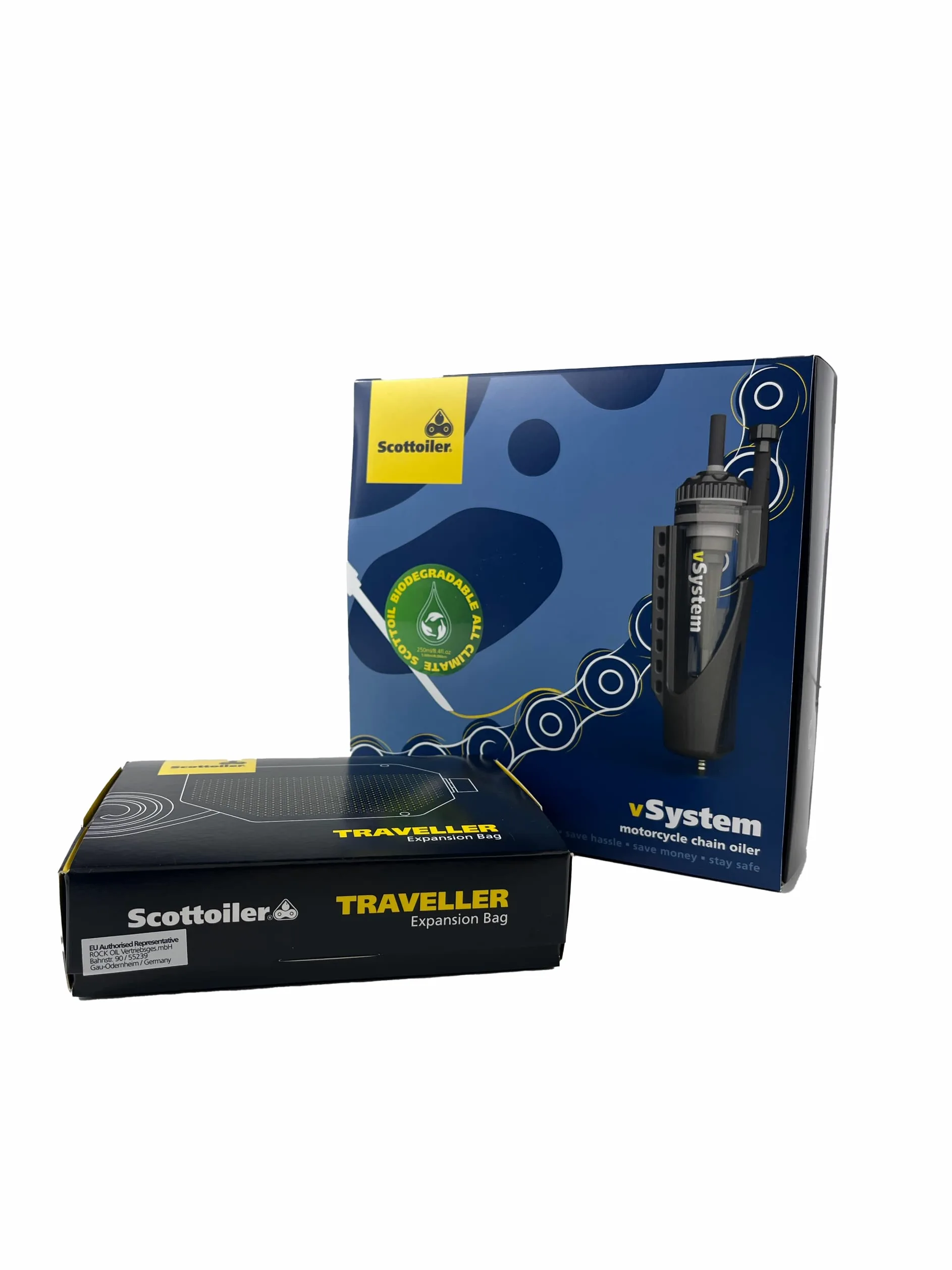Scottoiler vSystem Automatisches Motorrad-Kettenschmiersystem mit biologisch abbaubarem grünem Scottoil & Traveller Erweiterungstasche Reichweiten-Verlängerungs-Touring-Bundle…