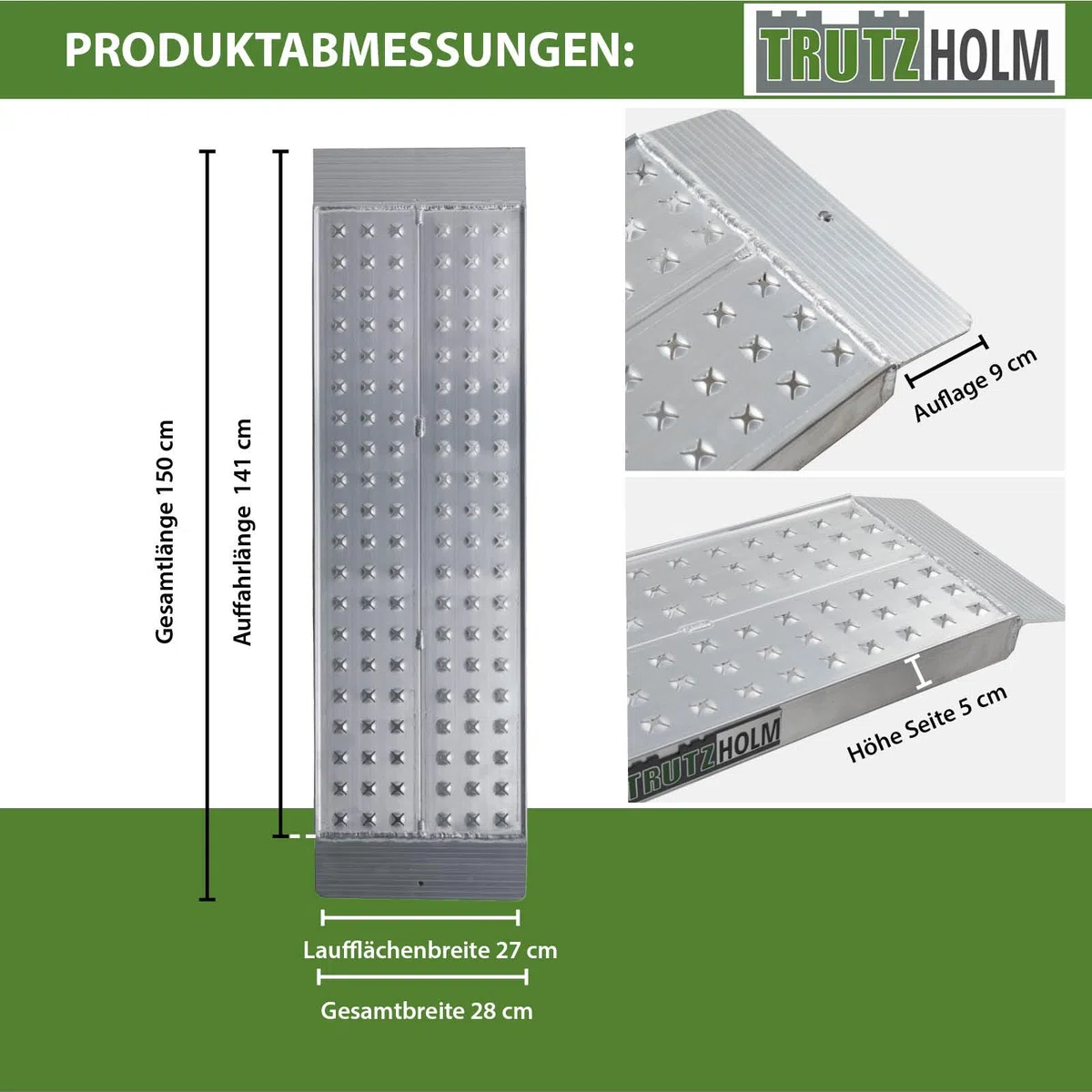 TRUTZHOLM 2X Auffahrrampe Aluminium Gesamtlänge 150 cm Breite 28 cm Traglast 540 kg gelochte rutschfeste Lauffläche Verladerampe Motorradrampe Verladehilfe Rampe für Motorrad Mofa E-Bike Fahrrad