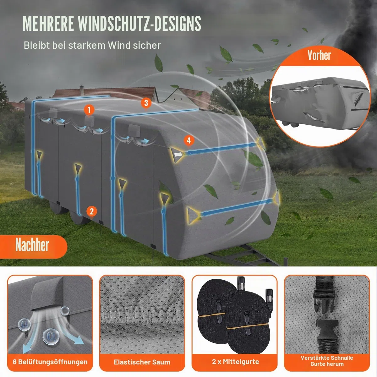 VEVOR Wohnwagen-Schutzhülle für 7,3-8,2 m Wohnwagen, Wohnwagenabdeckung aus Vliesstoff wasserdicht Winddicht, Universal-Wohnwagenhülle mit Aufbewahrungstasche, Reparaturflicken, Gurten, Klebeband