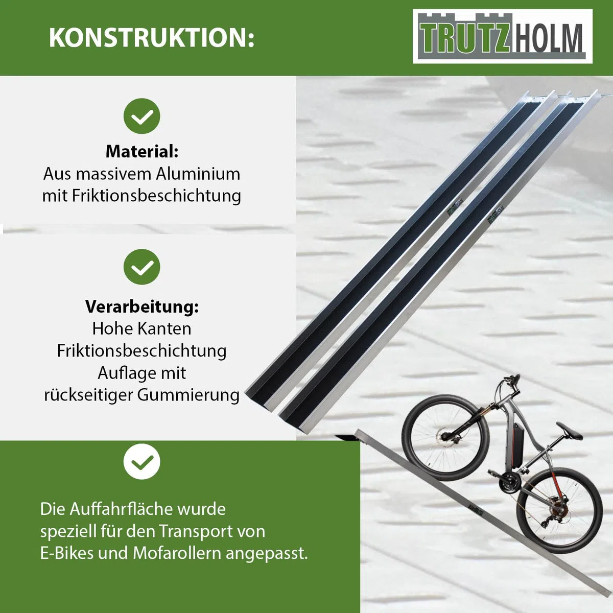 TRUTZHOLM 2X Auffahrschiene Alu Gesamtlänge 194 cm Traglast 50 kg je Rampe Anti-Rutsch Beschichtung Verladeschiene für E-Bike Fahrrad Pedelec Treppenrampe Fahrradrampe Auffahrrampe Fahrrad